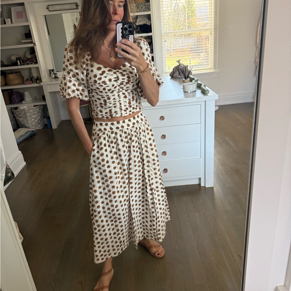 Mango Cream Maxi Skirt with Brown Polka Dot Print